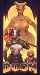  3girls abs areolae armor axe bald bald_girl battle_axe breasts commentary copyright_name covered_mouth crotch_plate cyancapsule dark_areolae dark_nipples dark_skin demon_horns doom_(series) doom_eternal english_commentary exposed_brain faulds gauntlets genderswap genderswap_(mtf) giantess glowing glowing_eyes grey_skin heart heart-shaped_pupils height_difference highres horns huge_weapon lamia large_breasts marauder_(doom_eternal) mask mechanical_parts monster_girl mouth_mask multiple_girls nipples nude pentagram red_sclera revenant_(doom) scales sharp_teeth shoulder_armor single_gauntlet symbol-shaped_pupils teeth topless weapon whiplash_(doom_eternal) yellow_eyes 