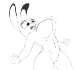  2020 anthro breasts buckteeth dipstick_ears disney female genitals hi_res judy_hopps lagomorph leporid mammal monochrome multicolored_ears navel nipples nude open_mouth pussy rabbit simple_background solo spoof_(artist) teeth tongue white_background zootopia 
