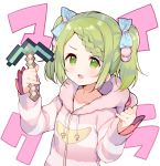  1girl :d animal_ears animal_hood bangs bear_ears bear_hood blue_bow blush bow braid braided_bangs collarbone diamond_pickaxe drawstring fake_animal_ears green_eyes green_hair hair_bow hands_up highres holding hood hood_down hooded_jacket jacket long_sleeves looking_at_viewer meito_(maze) minecraft morinaka_kazaki nijisanji open_mouth pinky_out polka_dot polka_dot_bow simple_background sleeves_past_wrists smile solo striped_jacket swept_bangs twintails v-shaped_eyebrows virtual_youtuber white_background 