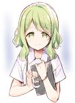  1girl bangs blush clipboard closed_mouth collared_dress cropped_torso dress eyebrows_visible_through_hair green_eyes green_hair holding long_hair meito_(maze) morinaka_kazaki nijisanji nurse short_sleeves smile solo upper_body virtual_youtuber white_background white_dress 