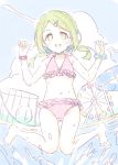  1girl :d bangs bare_legs bare_shoulders barefoot bikini blue_scrunchie blue_sky blush cloud cloudy_sky collarbone day ferris_wheel flower frilled_bikini frills full_body green_eyes green_hair groin hair_flower hair_ornament hairclip hands_up long_hair meito_(maze) morinaka_kazaki navel nijisanji open_mouth outdoors pink_bikini polka_dot polka_dot_bikini roller_coaster scrunchie sketch sky smile solo swept_bangs swimsuit virtual_youtuber water water_slide wet white_flower wrist_scrunchie 