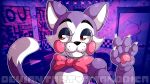  2020 4_fingers amanddica animatronic anthro brown_eyes cindy_(fnac) claws domestic_cat eyebrows eyelashes fangs felid feline felis female fingers five_nights_at_candy&#039;s grey_body half-closed_eyes hi_res machine mammal narrowed_eyes pawpads pink_cheeks purple_body ribbons robot signature solo video_games white_body white_inner_ear 
