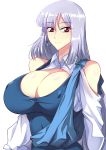  1girl absurdres bangs breasts brown_eyes cleavage covered_nipples gundam gundam_zz haganef highres huge_breasts long_hair looking_to_the_side purple_hair roux_louka smile solo white_background 