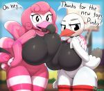  2020 absurd_res animal_crossing arm_around_shoulder avian beak big_breasts bird black_beak black_clothing black_eyes black_topwear blurred_background blush bottomless breast_squish breasts clothed clothing dialogue duo english_text feather_hands feathers female flamingo flora_(animal_crossing) genitals grey_body grey_feathers hair half-closed_eyes hand_on_hip hi_res huge_breasts leaning leaning_forward looking_at_viewer looking_away miso_souperstar motion_lines narrowed_eyes nintendo open_mouth outside pink_beak pink_body pink_feathers pink_hair pink_stripes piper_(animal_crossing) pussy raised_arm red_beak red_stripes speech_bubble squish standing striped_feathers stripes tail_feathers talking_to_viewer text tight_clothing topwear video_games white_body white_feathers white_stripes 