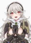 1girl black_hairband breasts cleavage corrin_(fire_emblem) corrin_(fire_emblem)_(female) fire_emblem fire_emblem_fates hairband hands_clasped highres long_hair open_mouth own_hands_together pointy_ears red_eyes shimizu_akina simple_background solo twitter_username upper_body white_background white_hair 