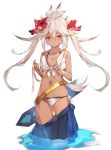  1girl absurdres bangs bare_arms bare_shoulders bikini blue_skirt blush bow breasts cleavage closed_mouth collarbone commentary_request dark_skin eyebrows_visible_through_hair flower front-tie_bikini front-tie_top granblue_fantasy groin hair_between_eyes hair_bow hair_flower hair_ornament highres holding holding_hair long_hair medium_breasts navel pleated_skirt red_bow red_eyes red_flower side-tie_bikini skirt skirt_pull solo swimsuit tota_(sizukurubiks) twintails very_long_hair water white_background white_bikini white_hair zooey_(granblue_fantasy) 