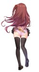  1girl akabane_youko arms_behind_back ass black_footwear black_legwear boxcutter brown_hair cameltoe ex_idol facing_away from_behind grey_skirt hair_ornament hair_scrunchie highres holding loafers long_hair long_sleeves miniskirt nijisanji one_side_up own_hands_together panties pink_panties pleated_skirt scrunchie shoe_soles shoes simple_background skindentation skirt skirt_lift solo thighhighs underwear very_long_hair virtual_youtuber walking white_background 