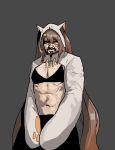  1boy abs beard black_bra black_eyes black_hair black_skirt borrowed_character bra chyan_9 closed_mouth cowboy_shot facial_hair gloves gogalking grey_background highres long_hair long_sleeves male_focus manly mustache navel original paw_gloves paws shrug_(clothing) simple_background skirt solo standing twintails underwear very_long_hair 