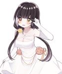 1girl black_hair blush breasts dress flower girls_frontline heterochromia highres large_breasts long_hair looking_at_viewer mion_ing multicolored_hair open_mouth ro635_(girls_frontline) solo twintails wedding_dress yellow_eyes 