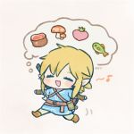  1boy :d ayu_(mog) belt blonde_hair blue_shirt blush boots chibi closed_eyes facing_viewer fish grey_background link male_focus motion_lines mushroom musical_note open_mouth pants pointy_ears ponytail running shirt signature simple_background smile solo spoken_musical_note sword the_legend_of_zelda weapon weapon_on_back 