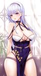 1girl absurdres azur_lane backlighting bangs bare_hips bare_shoulders black_hairband blunt_bangs blush breasts cleavage collarbone commentary_request covered_navel curtains day dido_(azur_lane) dress eyebrows_visible_through_hair hairband highres indoors korean_commentary large_breasts lillly long_hair looking_at_viewer parted_lips pelvic_curtain purple_dress purple_eyes silver_hair skindentation sleeveless sleeveless_dress solo thighs window 