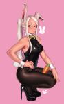  absurdres animal_ears boku_no_hero_academia bunny_ears carrot dark_skin dated hand_on_hip high_heels highres looking_at_viewer mirko nanja pantyhose pink_background playboy_bunny red_eyes smirk solo squatting stiletto_heels thighs white_hair 