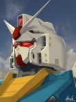  artist_name atsajh close-up glowign_eyes gundam highres looking_up mecha mobile_suit_gundam no_humans red_eyes rx-78-2 science_fiction sky solo v-fin 