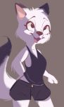  2020 anthro black_body black_fur cheek_tuft clothed clothing facial_tuft female fully_clothed fur hi_res light lighting mammal open_mouth open_smile shirt simple_background smile solo tank_top tohupo topwear tuft white_body white_fur 