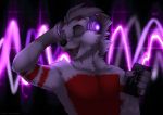  anthro cellphone claws detailed_background eyes_closed fangs fur grey_body grey_fur headphones holding_object listening_to_music male mammal multicolored_body multicolored_fur open_mouth open_smile phone procyonid raccoon red_body red_fur smile solo tashalisets tongue white_body white_fur 