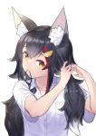  1girl absurdres alternate_costume animal_ear_fluff animal_ears black_hair casual closed_mouth collared_shirt commentary hair_between_eyes hair_ornament hair_tie_in_mouth highres hololive long_hair looking_at_viewer mouth_hold multicolored_hair ookami_mio orange_eyes red_hair shirt short_sleeves simple_background solo streaked_hair two-tone_hair tying_hair upper_body virtual_youtuber white_background white_shirt wing_collar wolf_ears yamabuki7979 