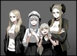  4girls :d black_border black_choker black_dress black_jacket black_pants black_skirt blonde_hair border braid breasts bright_pupils choker cleavage closed_eyes closed_mouth crossed_arms dress earrings eyebrows_visible_through_hair french_braid gogalking grey_background grey_eyes grey_hair grey_jacket hair_tubes hands_in_pockets hands_on_own_chest hands_up hat head_tilt height_difference highres horizontal_pupils horns jacket jewelry junior_(gogalking) large_breasts leonir_(gogalking) long_hair long_sleeves looking_at_viewer multiple_girls necklace open_clothes open_jacket open_mouth ophelia_(gogalking) original own_hands_together pants round_teeth shirt side_braids single_braid skirt smile symbol_commentary teeth upper_teeth warchief_(gogalking) white_headwear white_pupils white_shirt yellow_eyes 