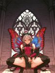  1girl :q absurdres alba boots fairy_wings fire_emblem fire_emblem_heroes grey_hair heart heart-shaped_pupils highres long_hair plumeria_(fire_emblem) pointy_ears ponytail red_eyes solo spread_legs squatting symbol-shaped_pupils thigh_boots thighhighs tongue tongue_out wings 