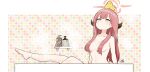  1girl alternate_hairstyle aru_(blue_archive) bathtub bird blue_archive breasts collarbone demon_horns duck hair_between_eyes halo highres horns junsuina_fujunbutsu leg_up long_hair looking_up object_on_head red_hair small_breasts solo tile_floor tiles yellow_eyes 