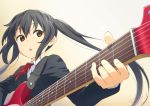  1girl bangs black_hair brown_eyes chestnut_mouth dated errant eyebrows_visible_through_hair gradient gradient_background guitar highres instrument k-on! long_hair nakano_azusa sakuragaoka_high_school_uniform school_uniform solo twintails upper_body 