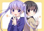  2girls :d bangs black_hair blank_eyes blazer blush brown_cardigan cardigan closed_mouth collared_shirt commentary_request crossover eyebrows_visible_through_hair flower formal hair_flower hair_ornament happy ichinose_haruko jacket light_purple_hair long_hair looking_at_viewer multiple_girls new_game! open_mouth own_hands_together pink_neckwear pink_ribbon purple_eyes purple_hair purple_jacket ribbon school_uniform shirt smile star_(symbol) suit suzukaze_aoba swap_swap tottoto_tomekichi twintails upper_body v white_shirt 
