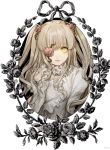  1girl bangs blonde_hair closed_mouth doll_joints eyebrows_visible_through_hair flower flower_eyepatch hair_flower hair_ornament hand_up joints kirakishou kuroge_(kewagyuu) lolita_fashion long_sleeves looking_at_viewer pink_flower pink_rose plant ribbon rose rozen_maiden slit_pupils solo thorns two_side_up upper_body vines yellow_eyes 
