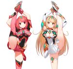  2girls absurdres armpits bangs bare_legs bare_shoulders black_gloves blonde_hair breasts chest_jewel cleavage cleavage_cutout clothing_cutout dress earrings elbow_gloves eyebrows_visible_through_hair feet_out_of_frame fingerless_gloves gloves green322 highres jewelry large_breasts long_hair multiple_girls mythra_(xenoblade) panties pantyshot pyra_(xenoblade) red_eyes red_footwear red_hair red_legwear red_shorts short_dress short_hair short_shorts shorts simple_background split standing standing_on_one_leg standing_split swept_bangs thigh_strap thighhighs tiara underwear very_long_hair white_background white_dress white_footwear white_gloves white_panties xenoblade_chronicles_(series) xenoblade_chronicles_2 yellow_eyes 