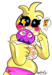  &lt;3 &lt;3_eyes 2014 anthro avian bib bird blonde_hair blush chicken clothing cupcake_(fnaf) eyelashes feathers female fingers five_nights_at_freddy&#039;s five_nights_at_freddy&#039;s_2 food galecsy galliform gallus_(genus) hair hi_res holding_object overweight overweight_anthro overweight_female panties phasianid pizza signature simple_background solo star_eyes toy_chica_(fnaf) underwear video_games white_background yellow_body yellow_feathers 