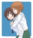  2girls :d akiyama_yukari brown_eyes brown_hair girls_und_panzer hug hug_from_behind multiple_girls mutsu_(layergreen) nishizumi_miho ooarai_school_uniform open_mouth orange_eyes orange_hair school_uniform serafuku short_hair simple_background smile 