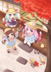  3girls :d absurdres animal_ear_fluff animal_ears architecture arms_up autumn autumn_leaves azur_lane bangs bell bird black_footwear blue_eyes blue_hair blue_shirt blunt_bangs blurry_foreground blush bow broom brown_hair cat_ears cat_tail chick commentary_request dress dustpan ears_through_headwear east_asian_architecture eating eyebrows_visible_through_hair falling_leaves fang food footwear_removed full_body green_eyes hair_between_eyes hat highres holding holding_food holding_leaf huge_filesize jingle_bell kindergarten_uniform kinomiki_(tales22) kisaragi_(azur_lane) leaf lifebuoy_ornament long_hair long_sleeves looking_up loose_socks low-tied_long_hair manjuu_(azur_lane) mikazuki_(azur_lane) multiple_girls mutsuki_(azur_lane) neckerchief off-shoulder_dress off_shoulder open_mouth pink_eyes pink_hair purple_dress ribbon school_hat shadow shirt shoes short_hair sidelocks sitting skin_fang skirt sliding_doors smile squirrel_ears squirrel_tail standing striped striped_legwear tail tail_bell tail_ornament tail_ribbon taiyaki tatami thighhighs tree twintails veranda very_long_hair wagashi wariza white_legwear wooden_floor yellow_headwear yellow_neckwear yellow_skirt 