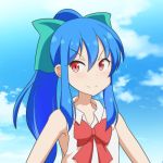  1girl alternate_hairstyle bangs bare_shoulders blue_hair blue_sky bow cato_(monocatienus) cloud commentary_request doyagao eyebrows_visible_through_hair green_ribbon hair_between_eyes hair_ribbon hinanawi_tenshi long_hair looking_at_viewer red_bow red_eyes ribbon shirt sidelocks sky sleeveless sleeveless_shirt smile smug solo touhou upper_body v-shaped_eyebrows white_shirt 