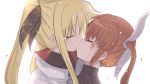  2girls blonde_hair brown_hair bruise bruise_on_face capelet cloak closed_eyes couple fate_testarossa highres injury kiss lyrical_nanoha mahou_shoujo_lyrical_nanoha mahou_shoujo_lyrical_nanoha_a&#039;s multiple_girls short_twintails simple_background takamachi_nanoha tears twintails white_background yachi696969 yuri 