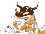  1boy commentary cookie cup digimon dinosaur dish doodle earl_grey_tea food greymon holding holding_cup horns peptide pun sharp_teeth table teacup teapot teeth white_background 