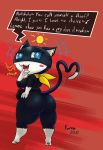  anthro atlus big_breasts big_butt blue_eyes breasts butt crossgender dialogue domestic_cat english_text felid feline felis female hi_res huge_butt kawma mammal megami_tensei megami_tensei_persona morgana_(persona) mtf_crossgender red_background short_stack simple_background solo text thick_thighs video_games 