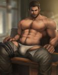  1boy abs absurdres appas bara bare_chest beard brown_hair bulge chest chris_redfield facial_hair feet_out_of_frame highres male_focus muscle navel navel_hair nipples open_pants pants realistic resident_evil resident_evil_5 see-through shirtless short_hair sitting solo thighs undressing white_briefs 