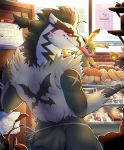  2020 anthro apron bagel black_body black_fur bread butt claws clothing cupcake detailed_background food fur grey_body grey_fur hi_res long_tongue looking_at_viewer looking_back male muffin multicolored_body multicolored_fur nintendo obstagoon pikachu pok&eacute;mon pok&eacute;mon_(species) red_eyes tongue tongue_out video_games white_body white_fur zi_ran zigzagoon 