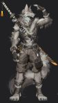  anthro bottomwear canid canine canis clothing footwear gloves handwear hi_res katana male mammal melee_weapon pendant shorts solo standing sword warrior weapon wolf yi_feng 
