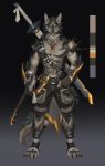  abs anthro bottomwear canid canine canis clothing footwear gloves handwear heterochromia hi_res katana male mammal melee_weapon pendant shorts solo standing sword warrior weapon wolf yi_feng 