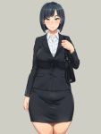  1girl aqua_eyes bangs black_hair blush breasts grey_background office_lady original pencil_skirt shikuta_maru short_hair simple_background skirt solo 