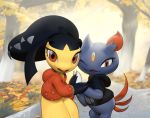  anthro autumn bottomless clothed clothing duo eyelashes female female/female grass hand_holding hi_res hoodie inkune mawile nintendo outside pok&eacute;mon pok&eacute;mon_(species) romantic_couple sneasel street topwear tree video_games 