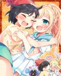  2girls black_hair blank_eyes blonde_hair blush border braid cheek_kiss closed_eyes commentary_request cosmog gen_7_pokemon gotcha! green_eyes green_sailor_collar hat heart hoshihuri hug kiss legendary_pokemon lillie_(pokemon) long_hair multiple_girls one_eye_closed open_mouth orange_background pokemon pokemon_(game) pokemon_sm ponytail red_headwear sailor_collar selene_(pokemon) shirt short_hair shorts simple_background skirt surprise_kiss surprised upper_teeth yuri 