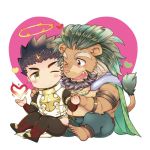  2boys animal_ears arsalan_(tokyo_houkago_summoners) bara beard black_bodysuit black_hair blush bodysuit brown_eyes brown_fur cape chibi clothing_cutout couple facial_hair fingernails full_body furry green_cape green_hair halo heart heart_background heart_of_fire holding_hands lion_boy lion_ears male_focus medium_hair multiple_boys muscle sharp_fingernails short_hair sitting stubble thigh_cutout tokyo_houkago_summoners yaoi yellow_eyes youzora_samo18 zabaniya_(tokyo_houkago_summoners) 