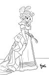  absurd_res anthro cervid clothed clothing dress female hair hand_fan hat headgear headwear hi_res holding_object line_art mammal monochrome simple_background smile solo standing threepaws victorian 