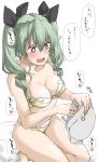  1girl anchovy_(girls_und_panzer) bag bangs bed_sheet black_ribbon blush bra breasts bright_pupils cleavage commentary drill_hair elf_(stroll_in_the_woods) frown girls_und_panzer green_hair hair_ribbon handbag heart highres holding kneeling long_hair medium_breasts on_bed open_mouth panties red_eyes ribbon skindentation solo string_panties sweat translated twin_drills twintails underwear underwear_only white_background white_pupils yellow_bra yellow_panties 