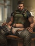  1boy absurdres appas bara beard brown_hair bulge chest chris_redfield covered_abs facial_hair feet_out_of_frame highres male_focus muscle navel navel_hair open_pants pants realistic resident_evil resident_evil_5 see-through shirt_lift short_hair short_sleeves sitting solo thighs tight undressing white_briefs 