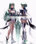  2girls alternate_color ass bangs bare_legs bare_shoulders black_gloves breasts chest_jewel cleavage cleavage_cutout clothing_cutout dress earrings elbow_gloves from_behind full_body gloves green_hair highres jewelry long_hair looking_at_viewer medium_breasts multiple_girls mythra_(xenoblade) pito_(pitosan) pneuma_(xenoblade) pyra_(xenoblade) short_dress short_hair short_shorts shorts simple_background swept_bangs sword thigh_strap thighhighs tiara translation_request very_long_hair weapon white_background white_dress white_footwear white_gloves white_shorts xenoblade_chronicles_(series) xenoblade_chronicles_2 