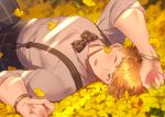  1boy alternate_costume arm_over_head arm_up black_pants blonde_hair blush bow bowtie formal granblue_fantasy green_eyes higashigunkan leaf lying male_focus on_back one_eye_closed pants short_hair solo suspenders toned toned_male vane_(granblue_fantasy) yellow_leaves 