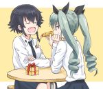  2girls :d anchovy_(girls_und_panzer) anzio_school_uniform black_hair bow box braid closed_eyes drill_hair eyebrows_visible_through_hair feeding food gift gift_box girls_und_panzer green_hair hair_bow multiple_girls mutsu_(layergreen) necktie open_mouth pepperoni_(girls_und_panzer) pizza school_uniform short_hair simple_background sitting smile sweatdrop twin_drills twintails 