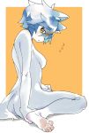  5_toes anthro batsuma black_nose blonde_hair blue_body blue_fur blue_hair blush breasts butt canid canine female fingers fluffy fluffy_tail fox fur hair hi_res kemono kneeling looking_at_viewer mammal multicolored_hair nanahoshi_suzu nude short_hair toes yellow_eyes 