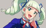  1girl :d \m/ aikatsu! aikatsu!_(series) bangs blazer blue_jacket blue_ribbon blunt_bangs blush commentary_request drill_hair fangs green_eyes green_hair grey_background hair_ribbon jacket long_hair looking_at_viewer open_mouth ribbon sayshownen school_uniform shirt simple_background smile solo starlight_academy_uniform toudou_yurika twin_drills upper_body white_shirt 